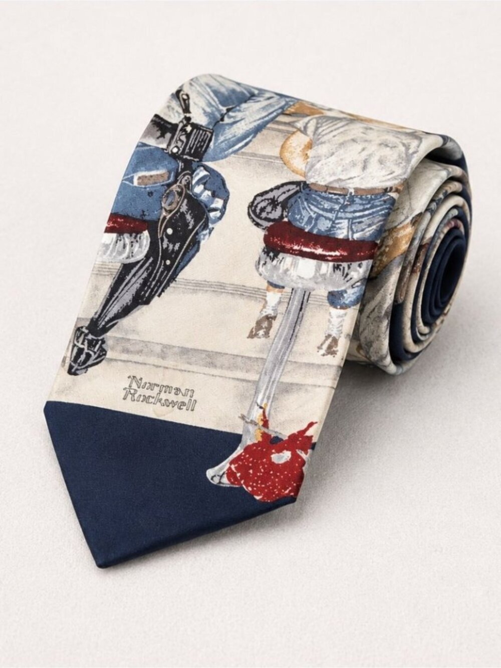 Vintage Norman Rockwell People Novelty Print Silk Navy Patterned Necktie